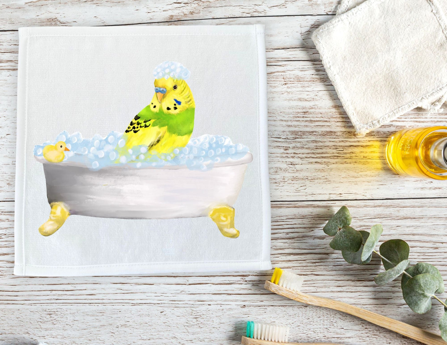 Bubble Bath Budgie Washcloth - MerikaArt
