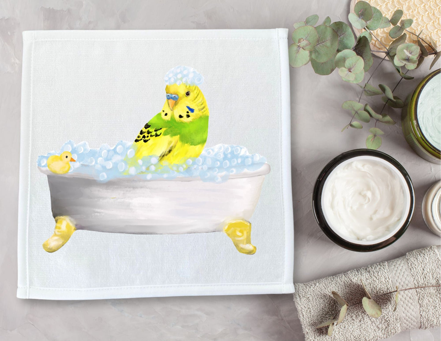 Bubble Bath Budgie Washcloth - MerikaArt