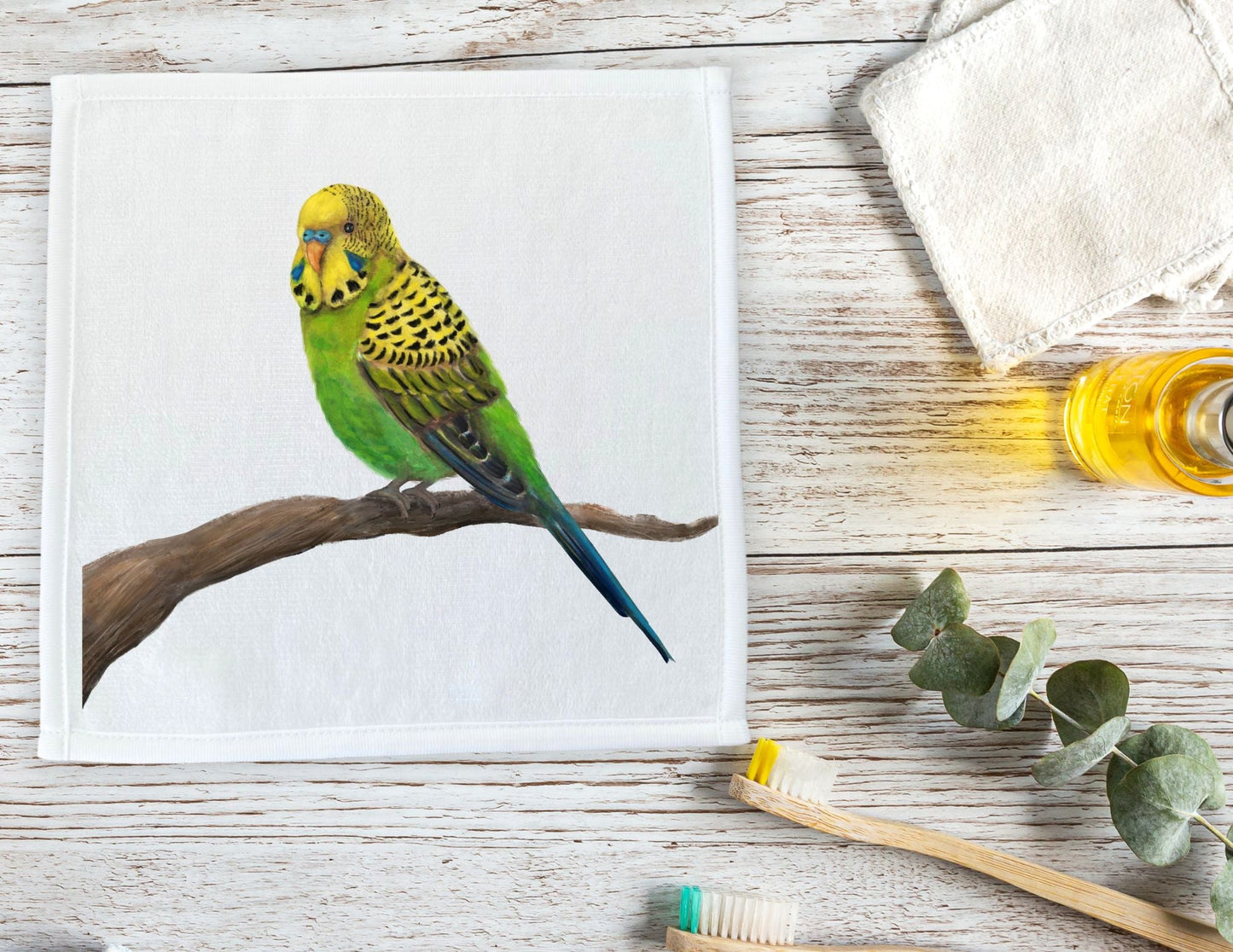 Budgerigar on Branch Washcloth - MerikaArt