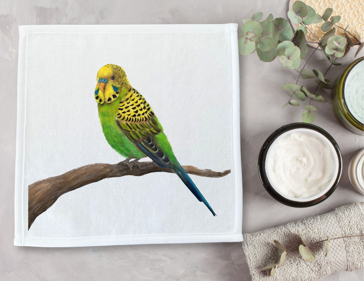 Budgerigar on Branch Washcloth - MerikaArt