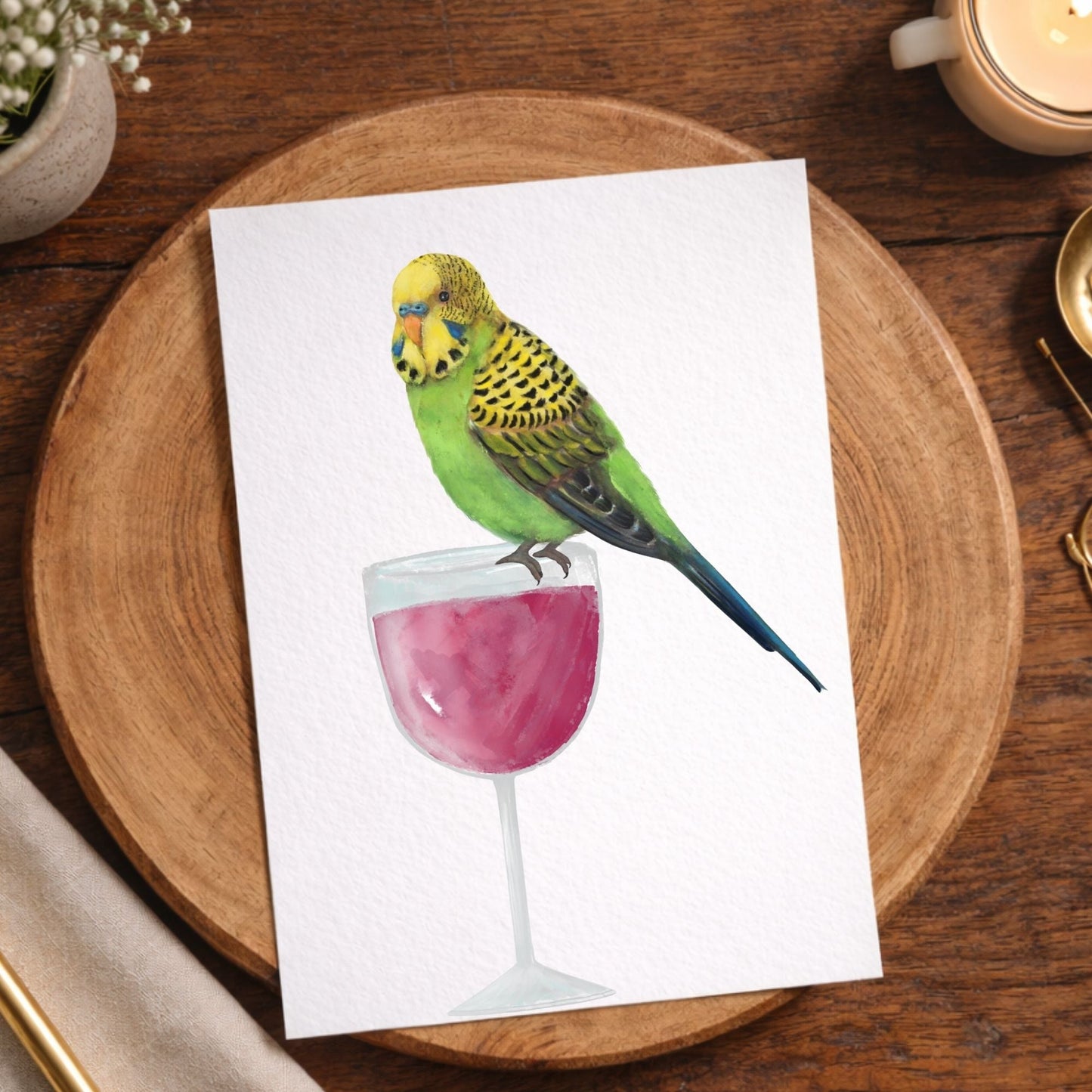 Budgerigar on Wine Glass Postcard - MerikaArt