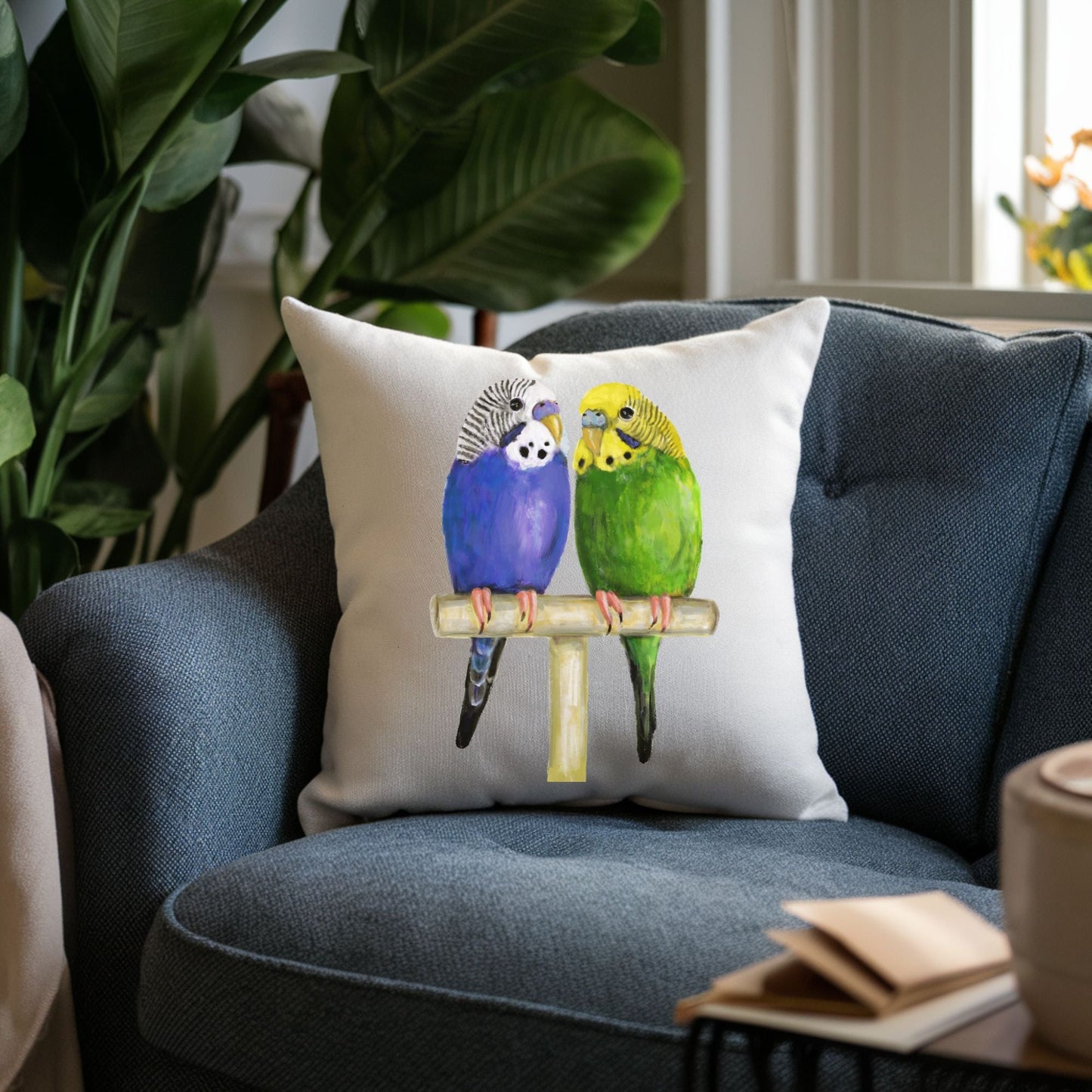 Budgie Couple Pillow - MerikaArt