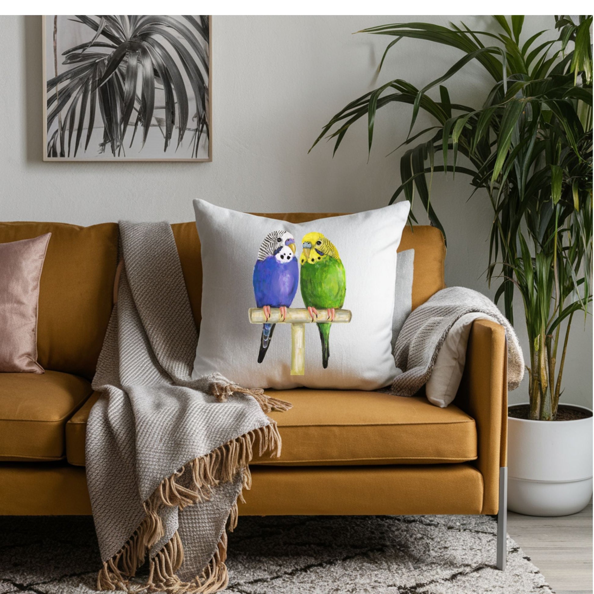 Budgie Couple Pillow - MerikaArt