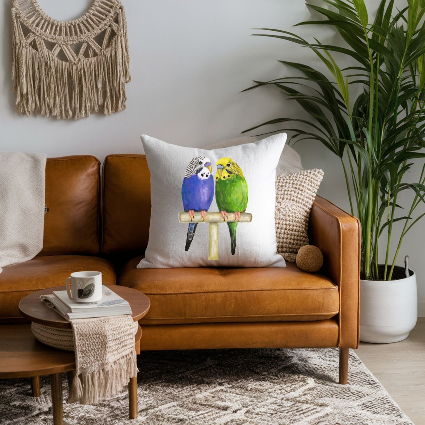 Budgie Couple Pillow - MerikaArt
