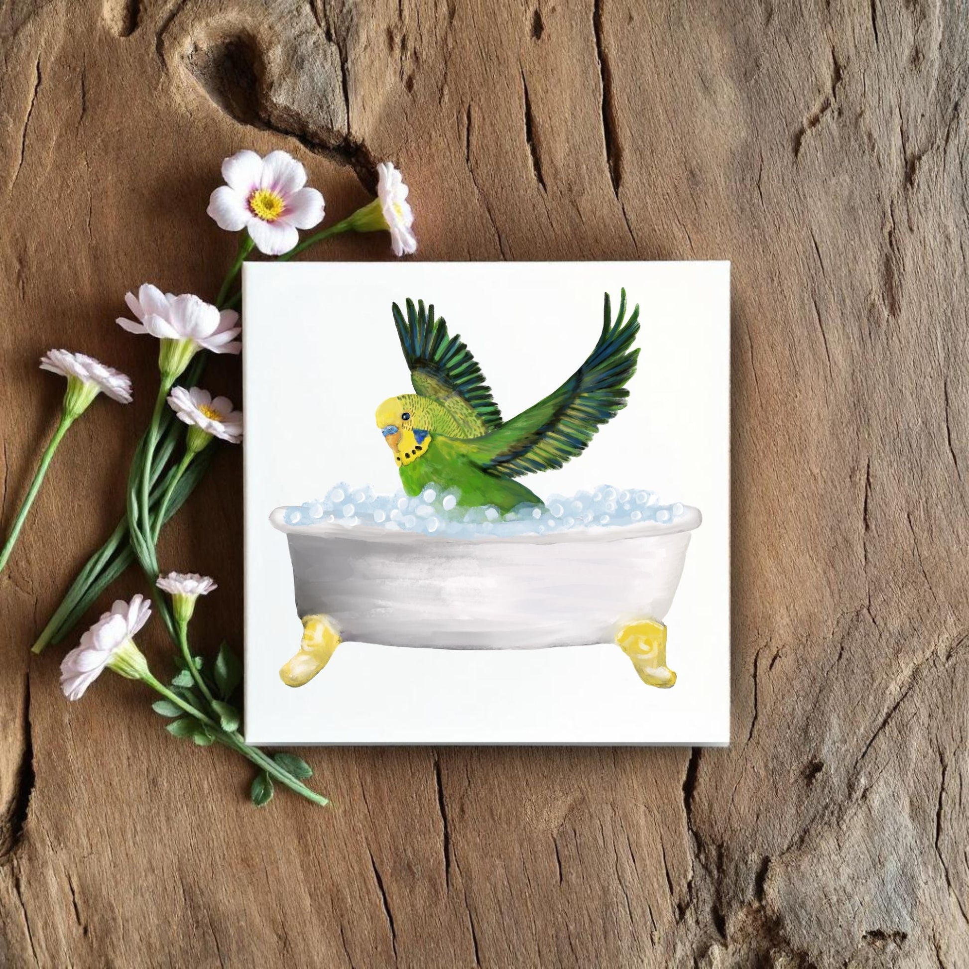 Budgie in Bath Ceramic Tile – Handcrafted Whimsical Bird Decor - MerikaArt