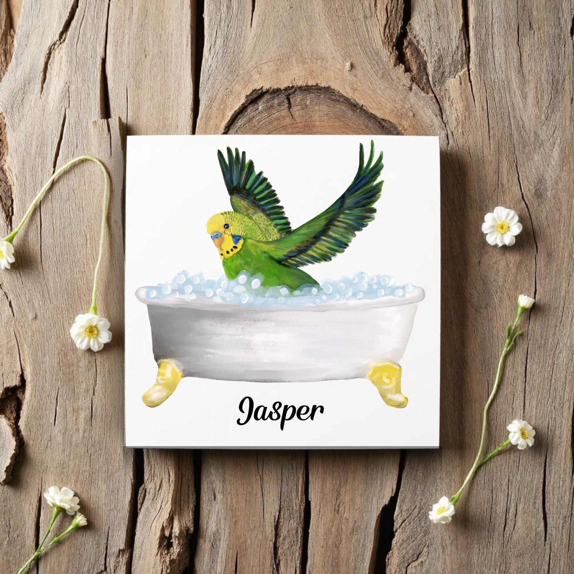 Budgie in Bath Ceramic Tile – Handcrafted Whimsical Bird Decor - MerikaArt