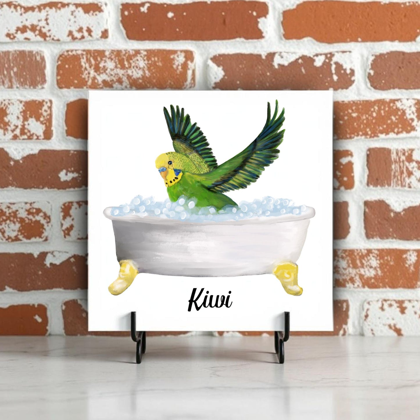 Budgie in Bath Ceramic Tile – Handcrafted Whimsical Bird Decor - MerikaArt