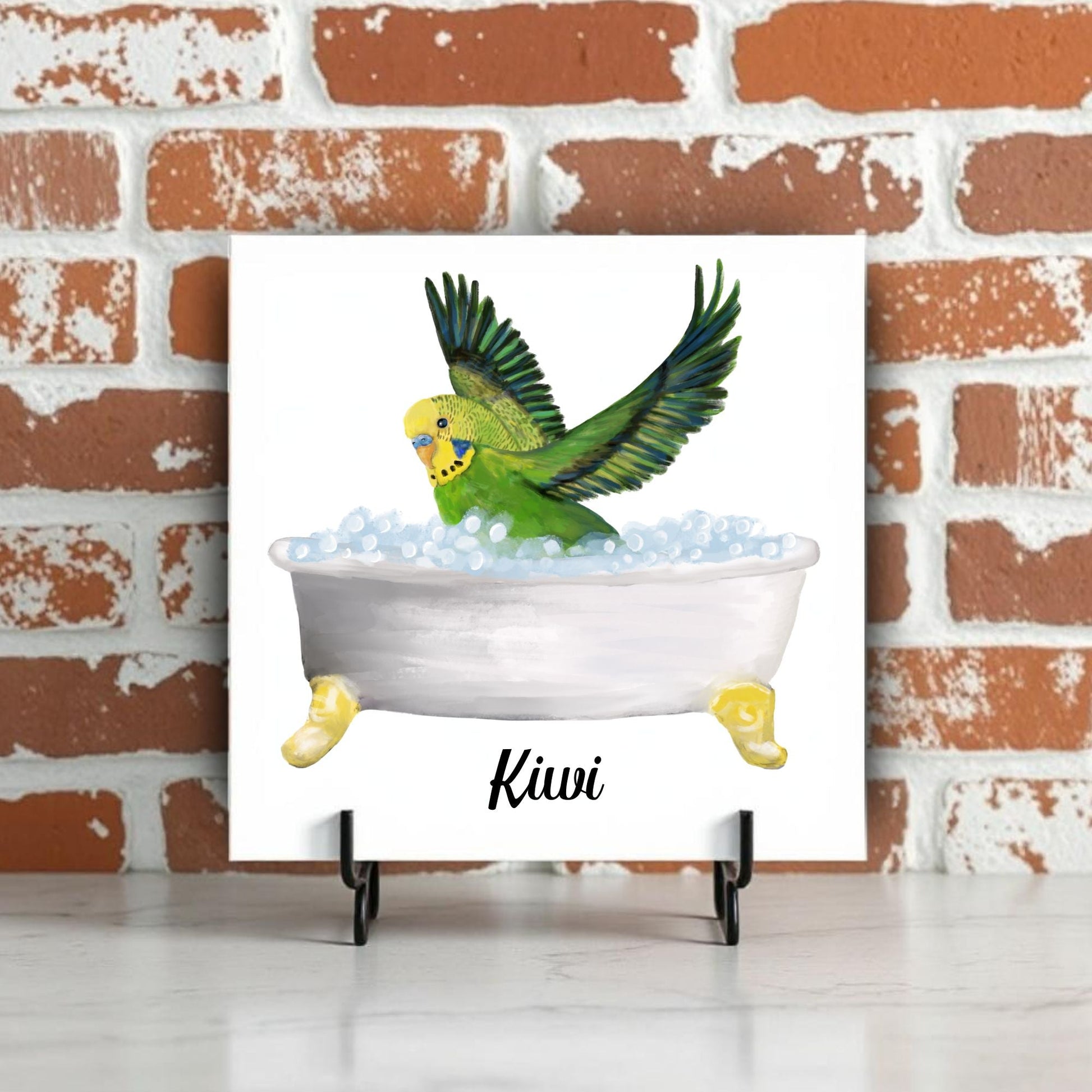 Budgie in Bath Ceramic Tile – Handcrafted Whimsical Bird Decor - MerikaArt