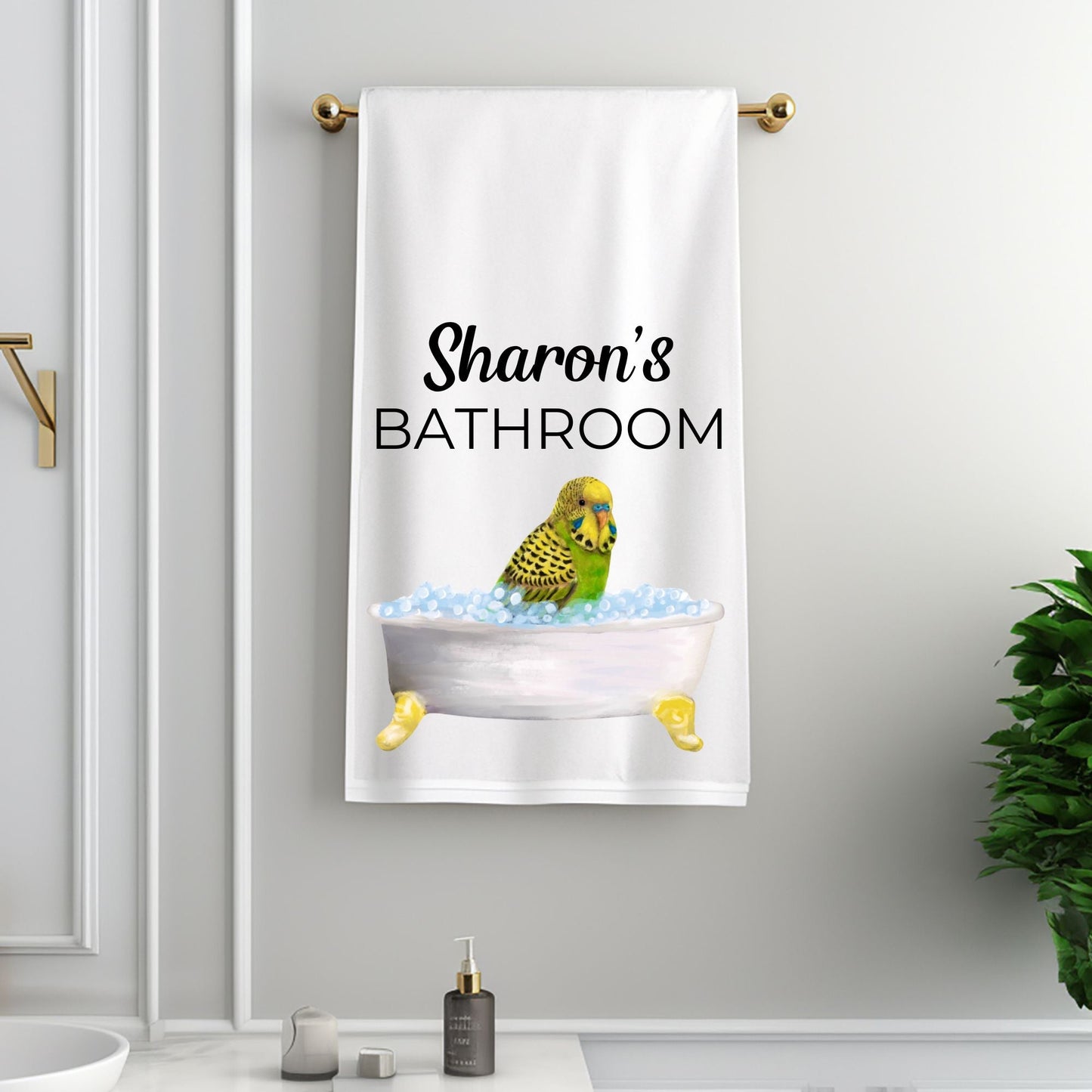Budgie in Bathtub Bathroom Towel - MerikaArt