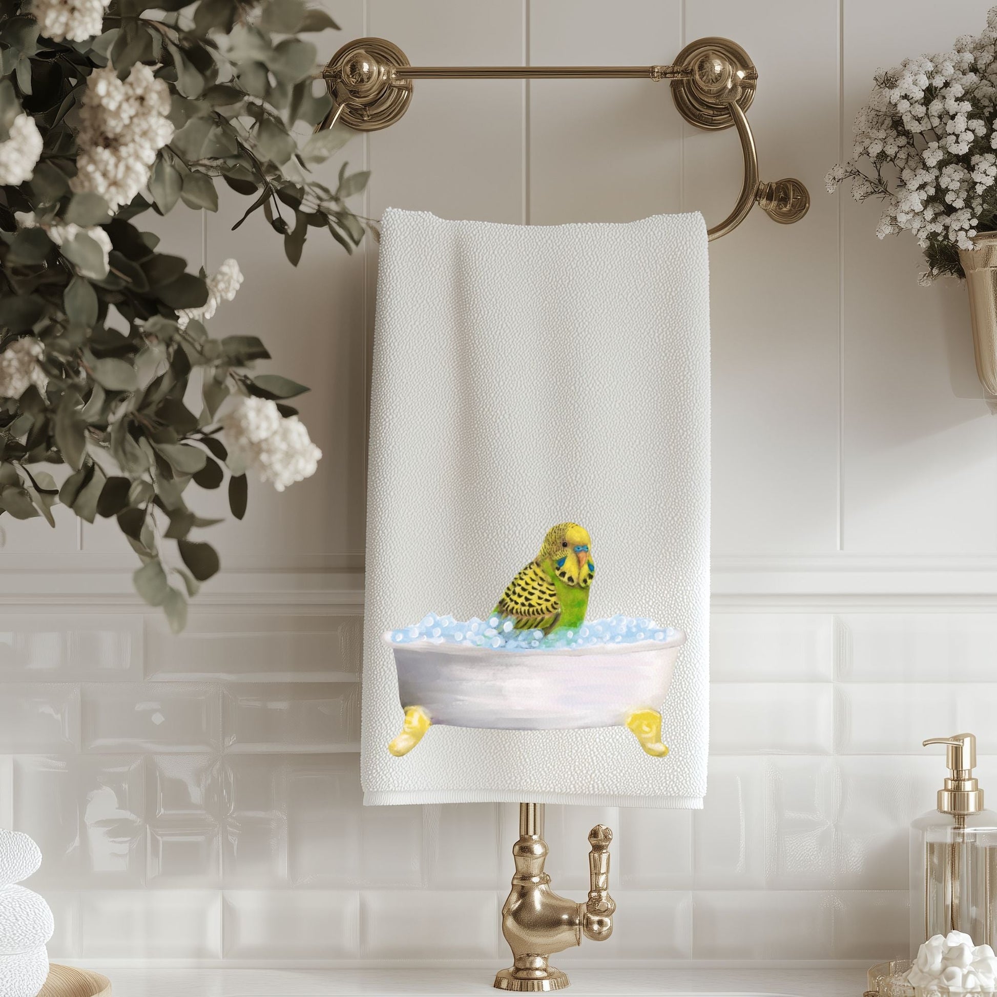 Budgie in Bathtub Bathroom Towel - MerikaArt