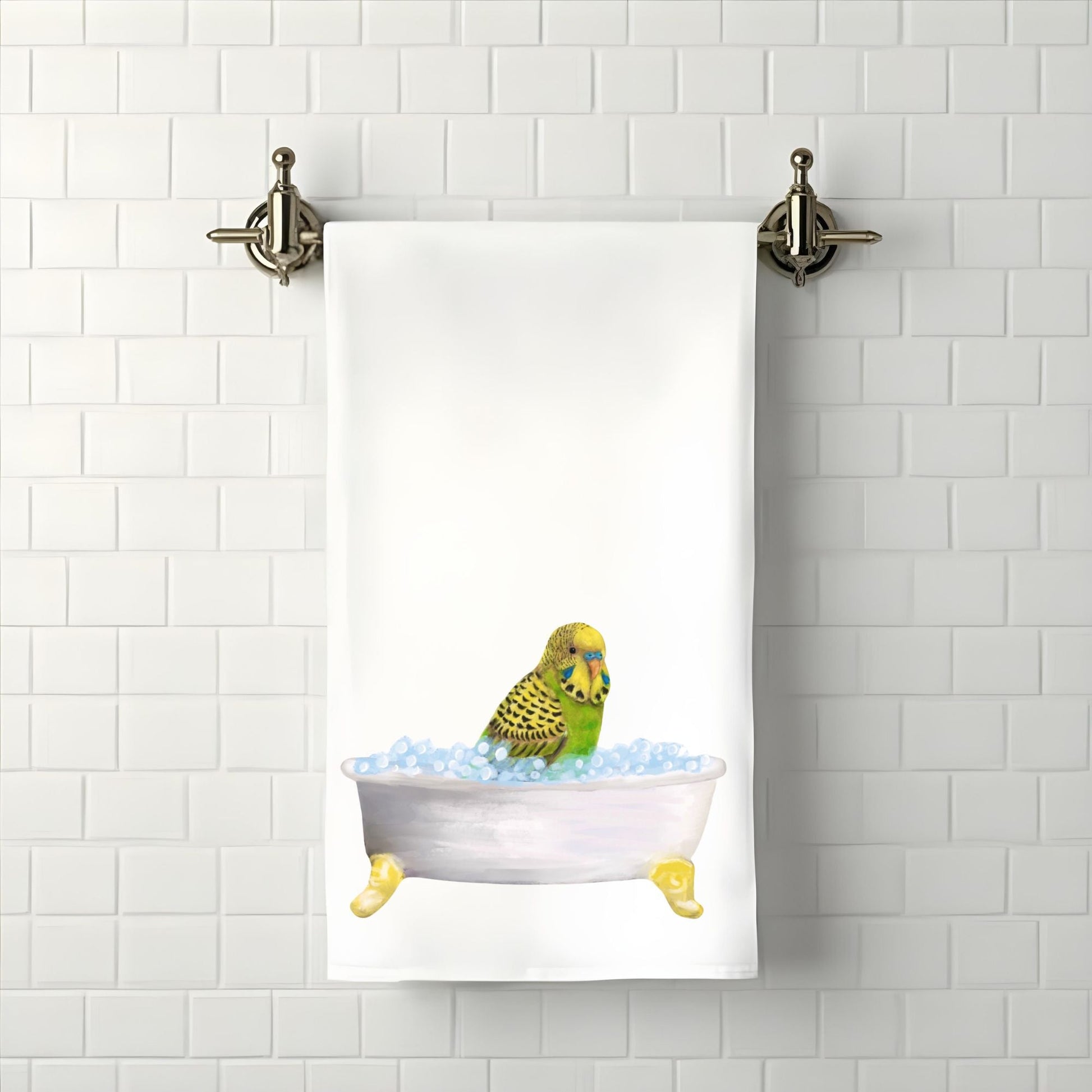 Budgie in Bathtub Bathroom Towel - MerikaArt