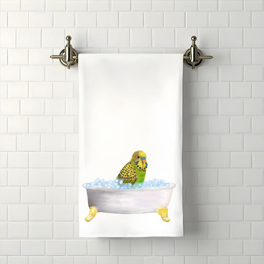 Budgie in Bathtub Bathroom Towel - MerikaArt