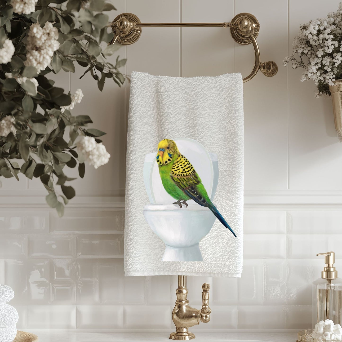 Budgie on Toilet Bathroom Towel - MerikaArt