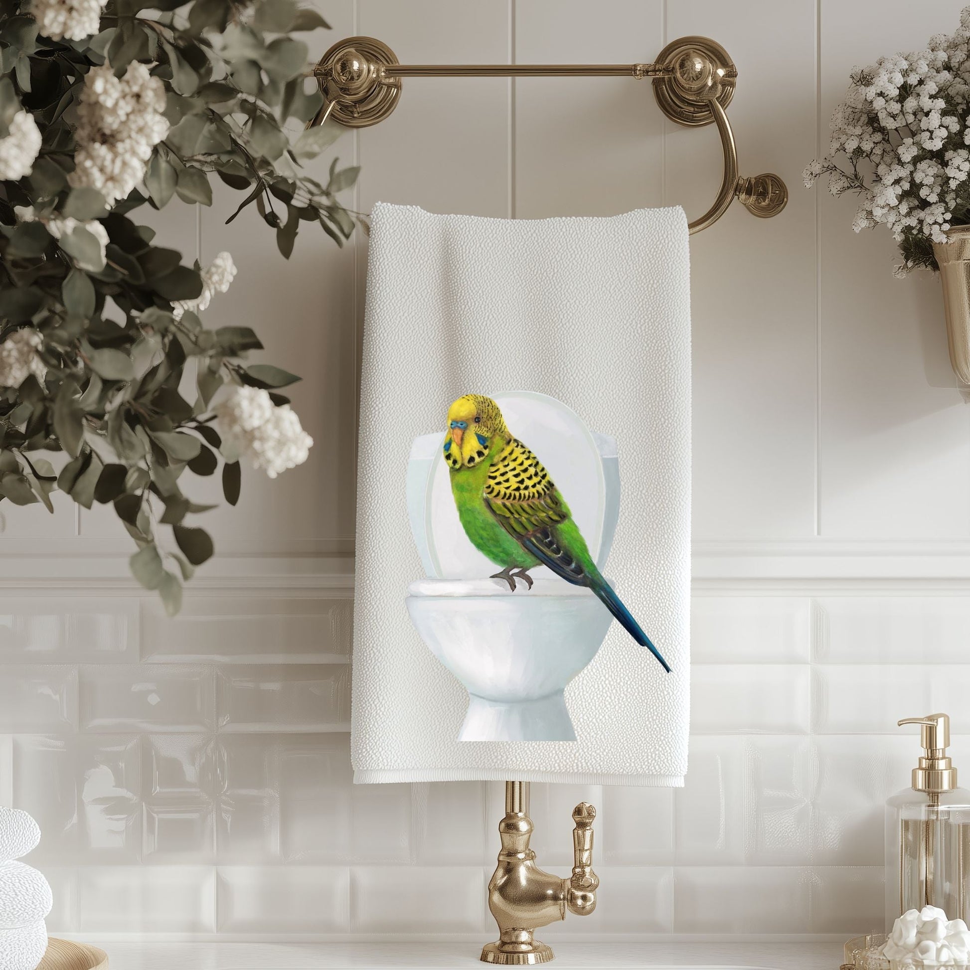 Budgie on Toilet Bathroom Towel - MerikaArt