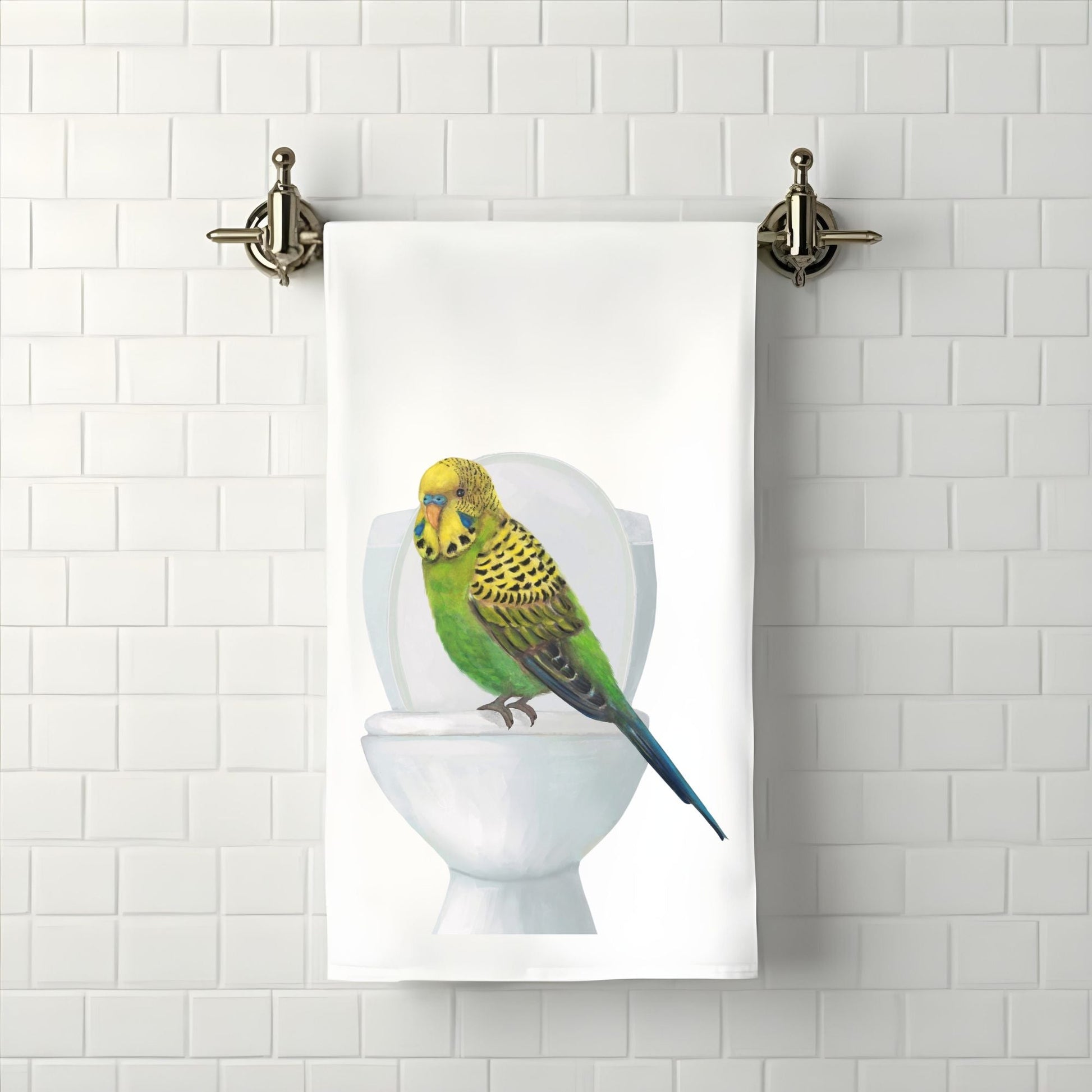 Budgie on Toilet Bathroom Towel - MerikaArt