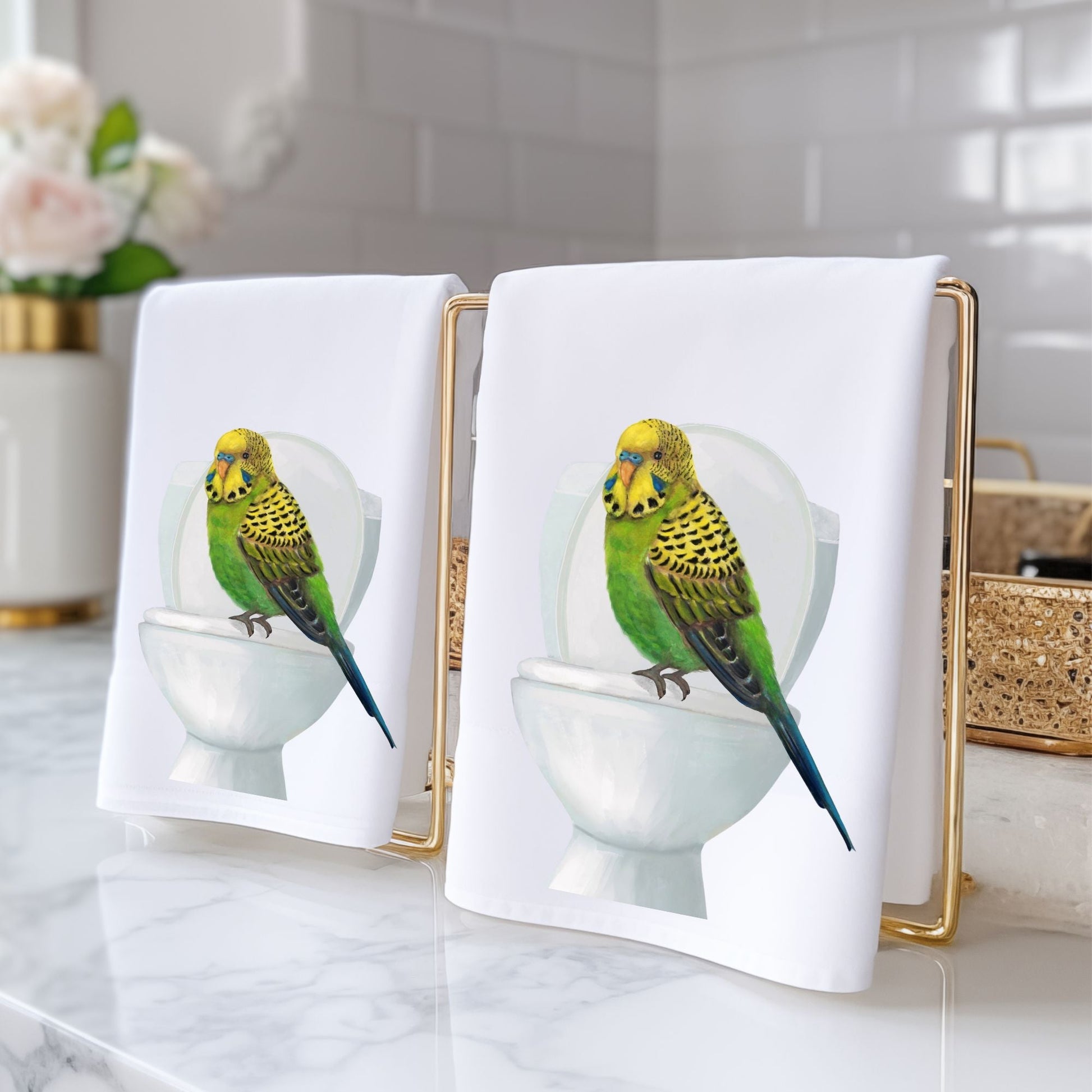 Budgie on Toilet Bathroom Towel - MerikaArt