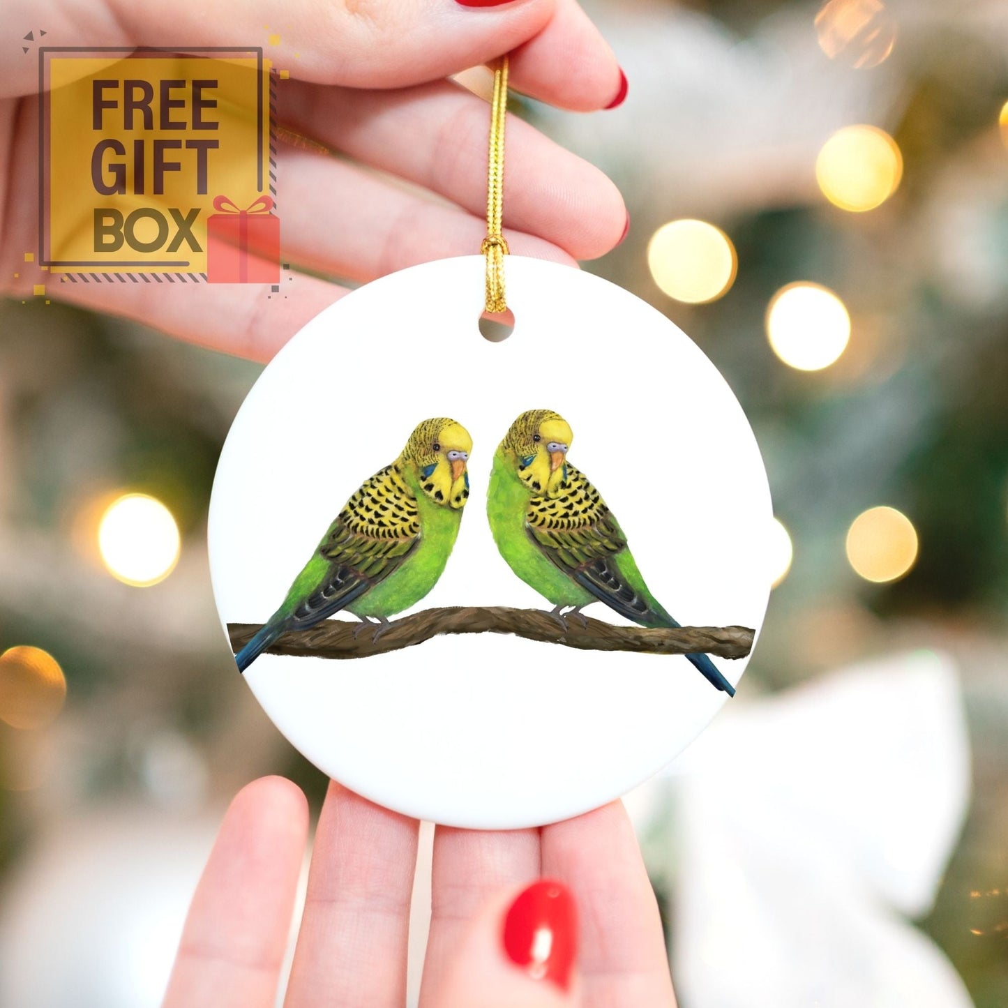 Budgie Pair Ceramic Ornament - MerikaArt