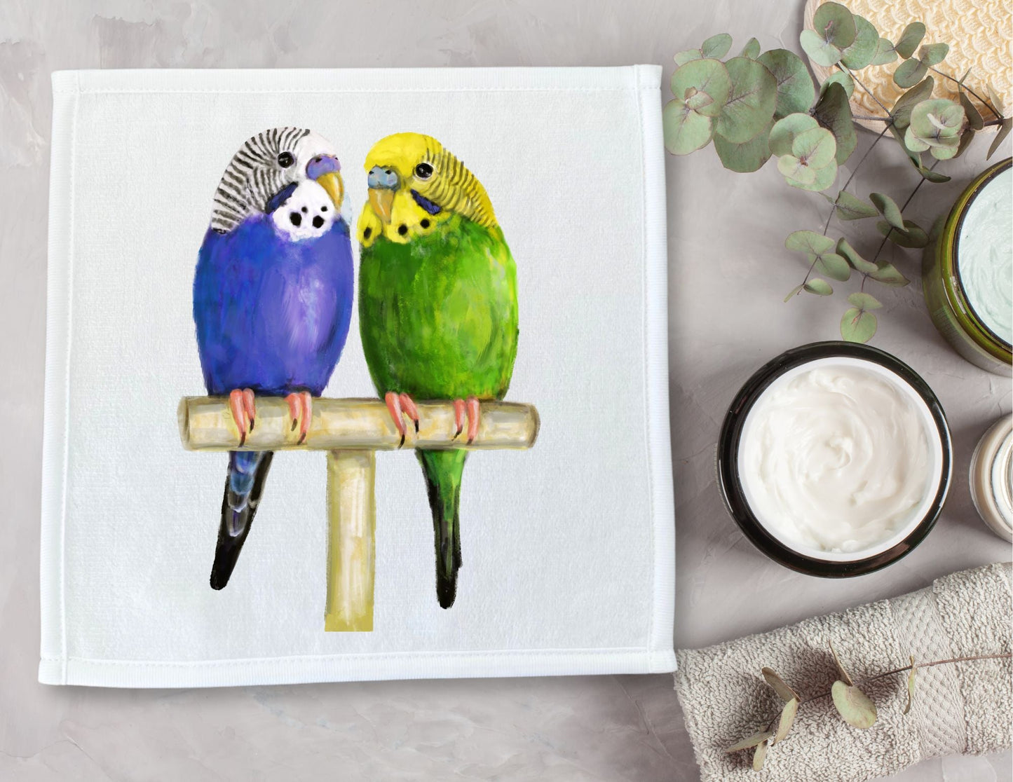 Budgie Pair Washcloth - MerikaArt