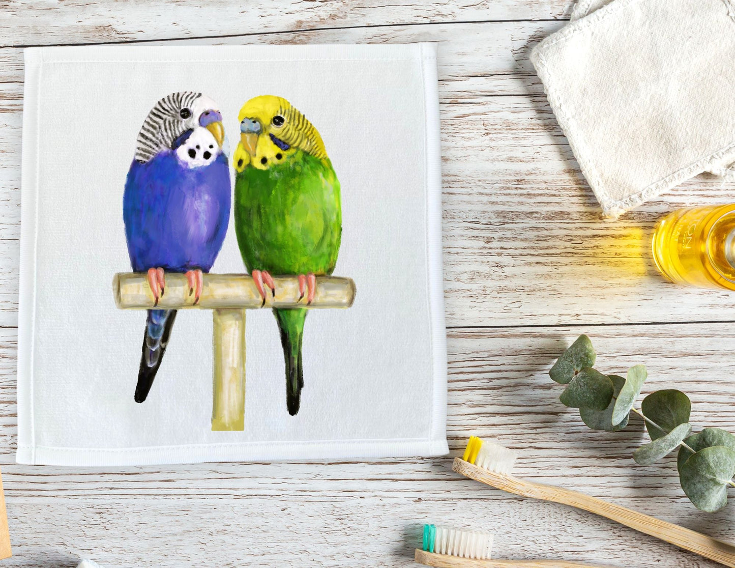 Budgie Pair Washcloth - MerikaArt