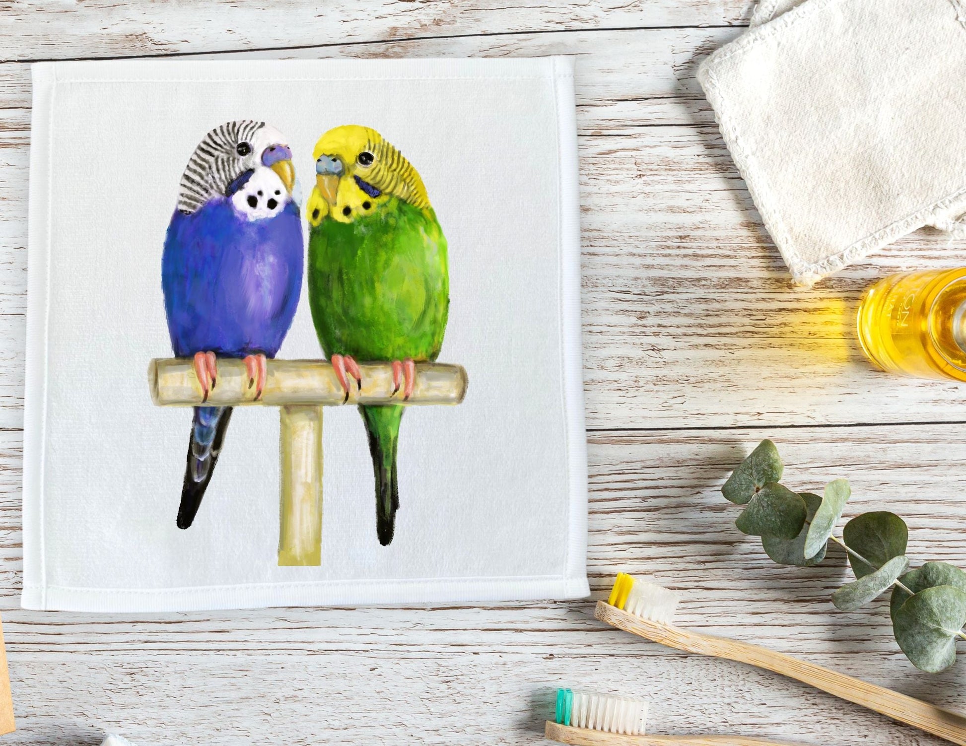 Budgie Pair Washcloth - MerikaArt