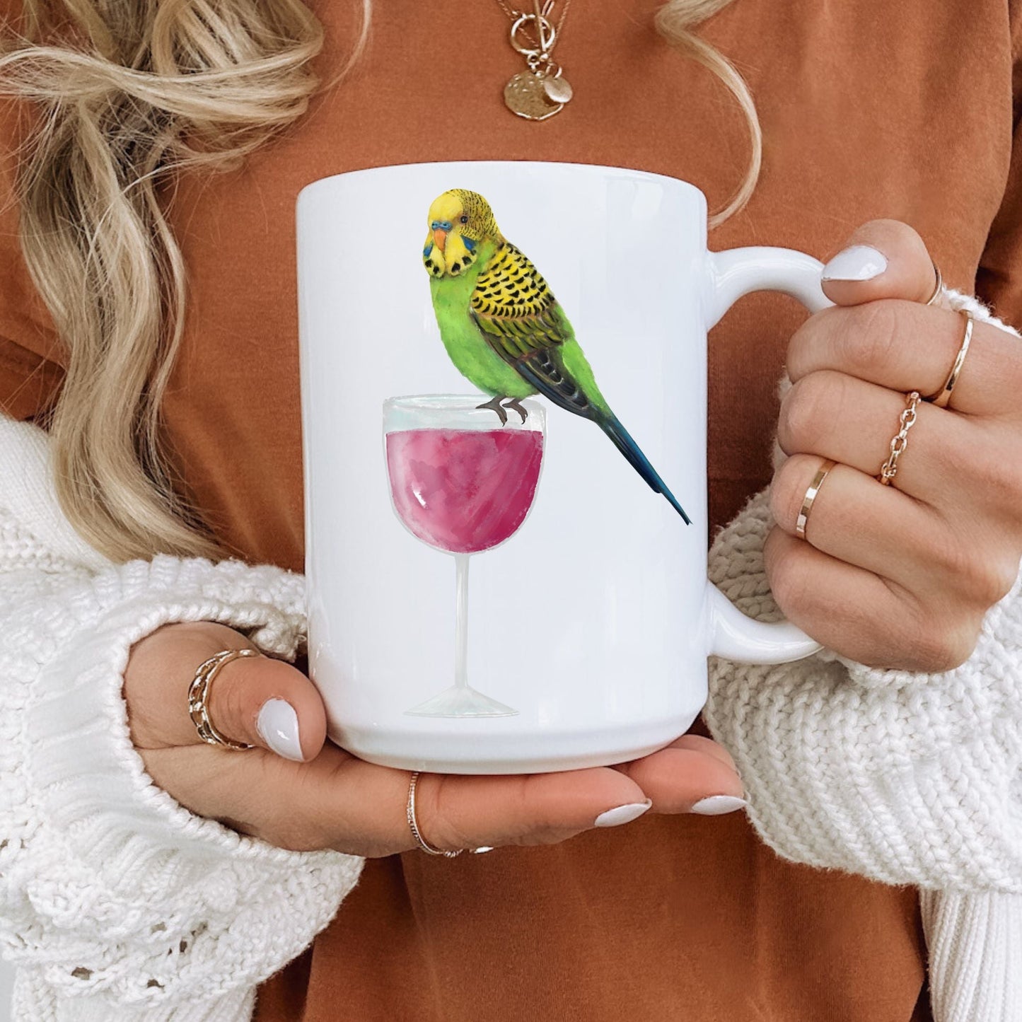 Budgie with Wine Glass Mug - MerikaArt