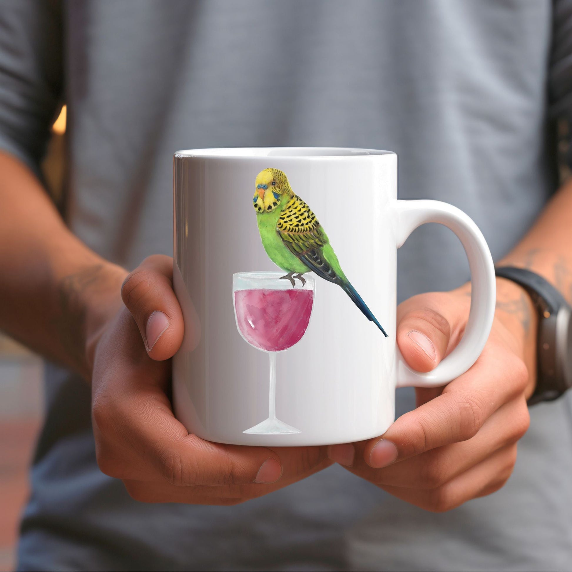 Budgie with Wine Glass Mug - MerikaArt