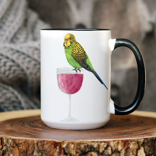 Budgie with Wine Glass Mug - MerikaArt
