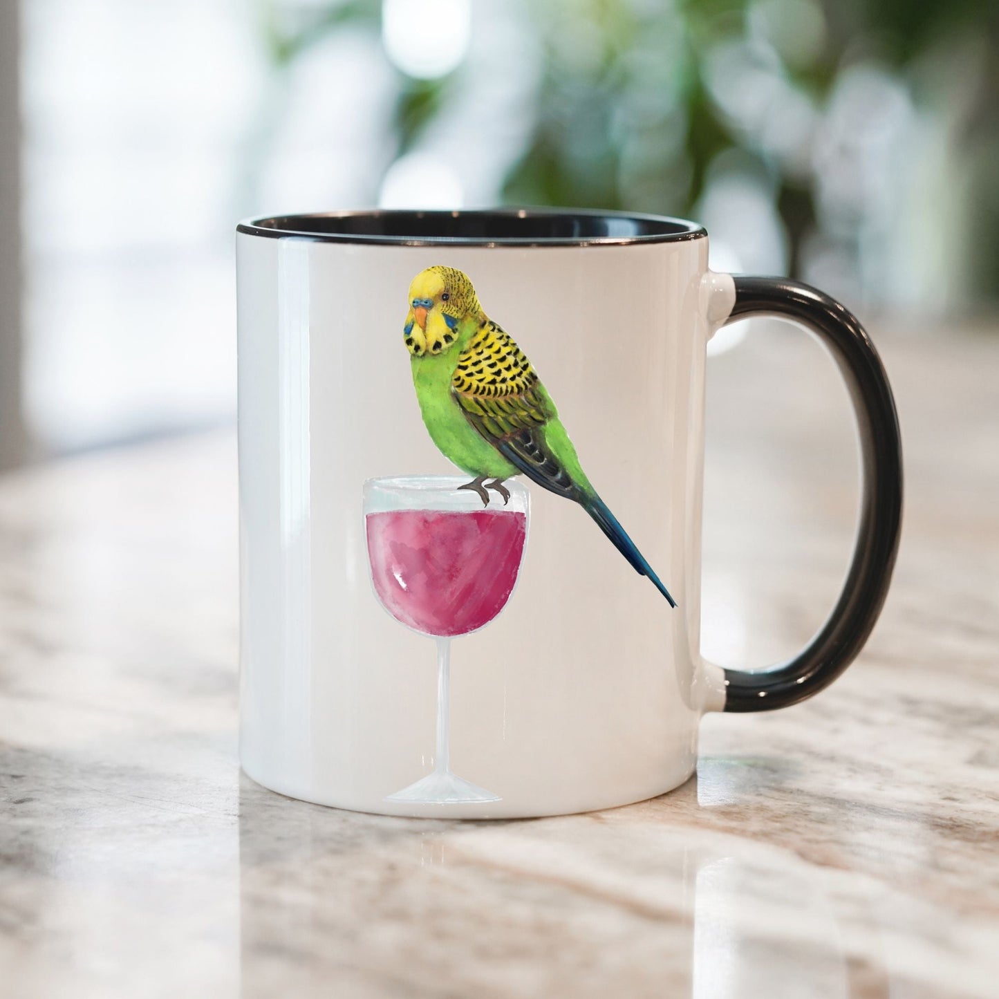 Budgie with Wine Glass Mug - MerikaArt