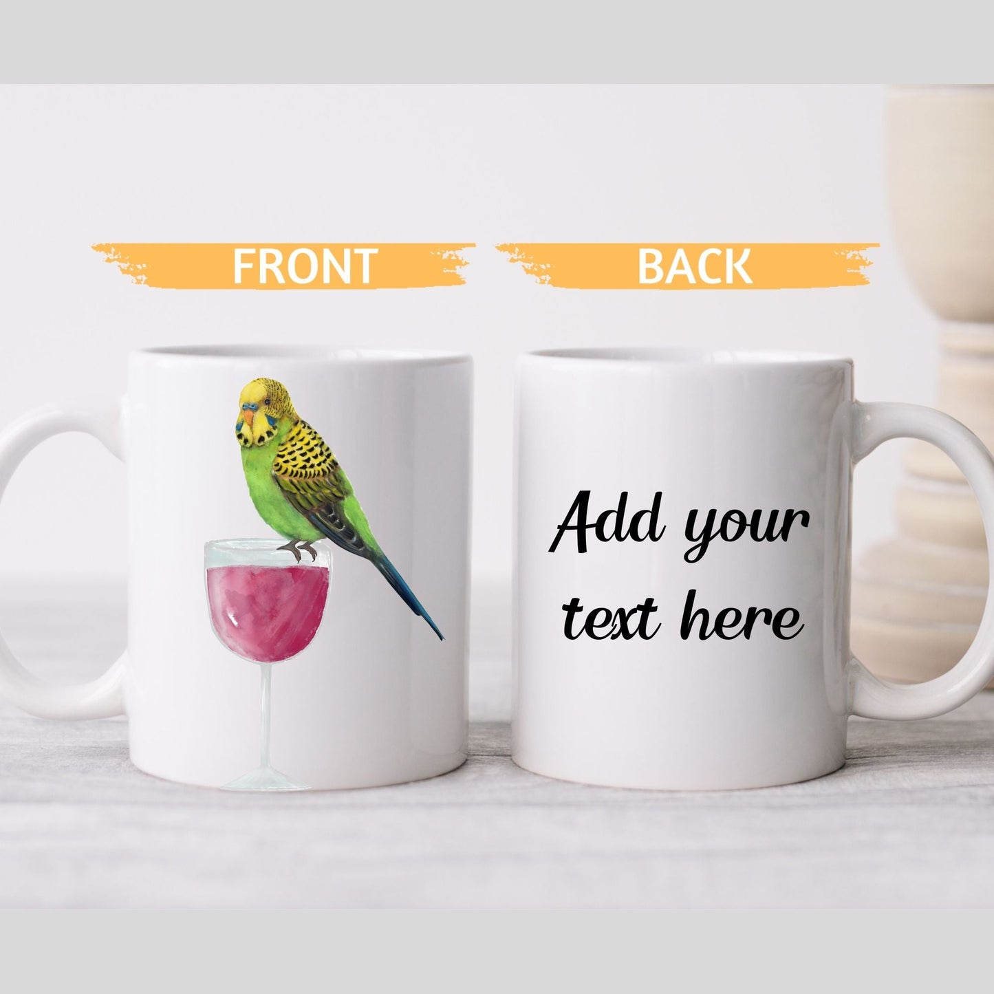 Budgie with Wine Glass Mug - MerikaArt