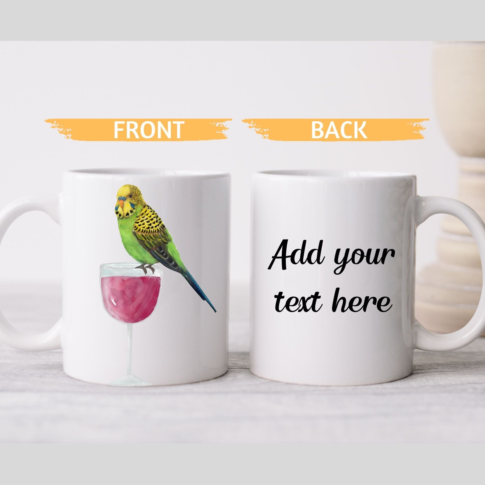 Budgie with Wine Glass Mug - MerikaArt