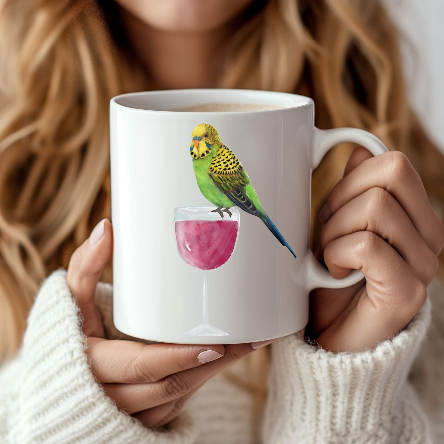Budgie with Wine Glass Mug - MerikaArt