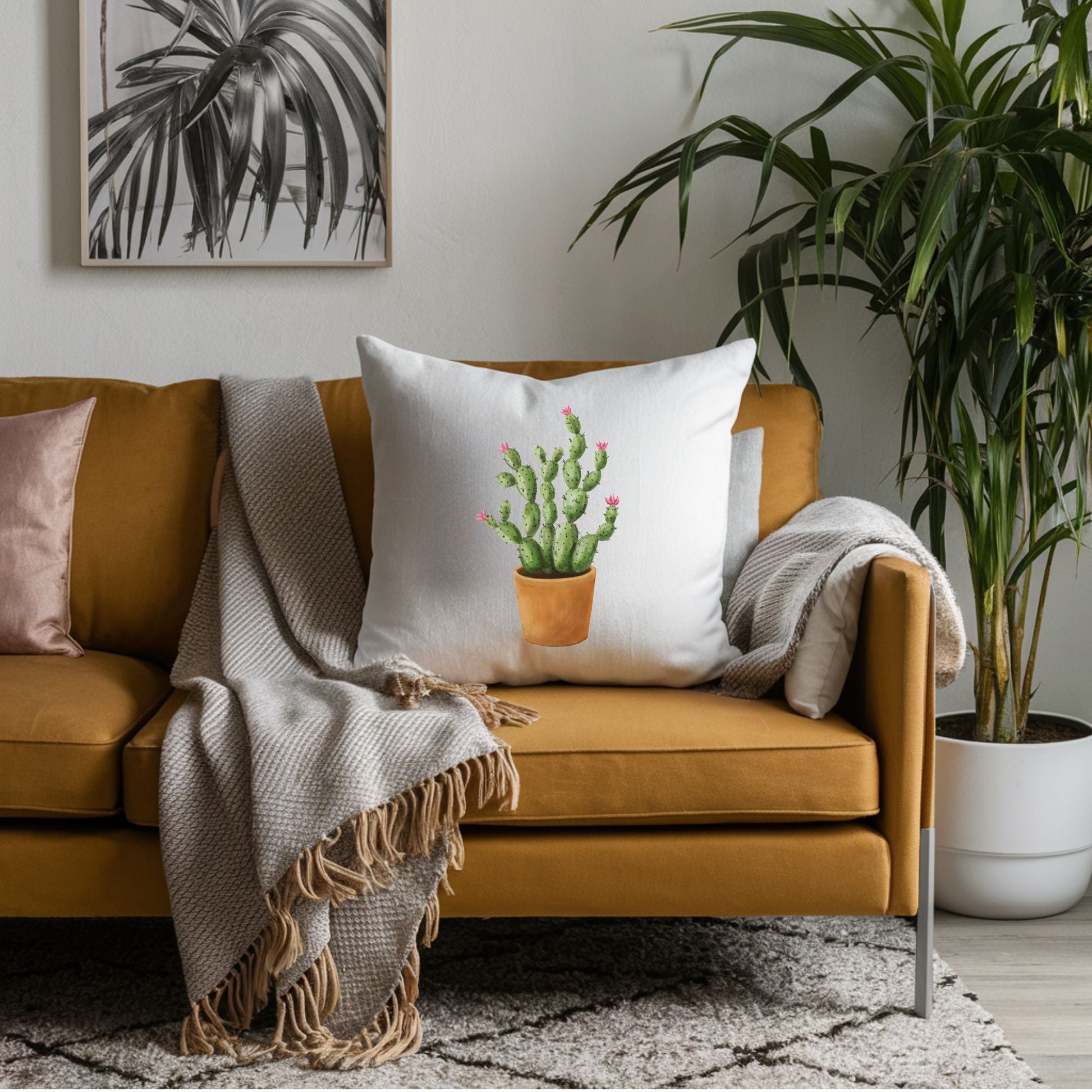 Cactus Pillow with Pink Blooms - MerikaArt