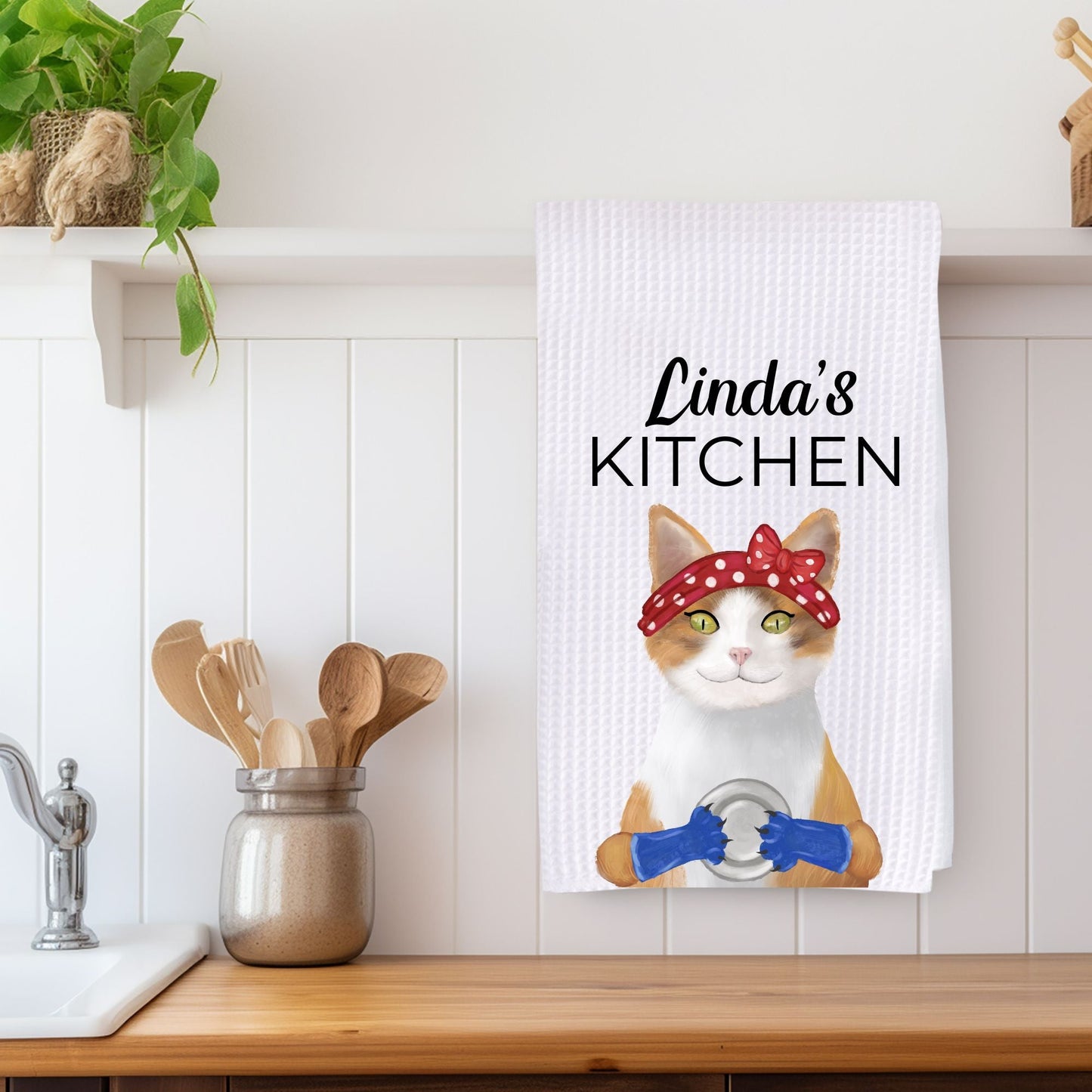 Calico Cat Doing Dishes Kitchen Towel - MerikaArt