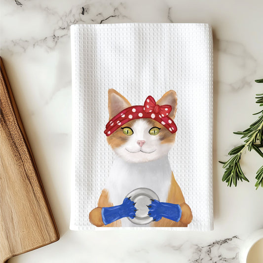 Calico Cat Doing Dishes Kitchen Towel - MerikaArt