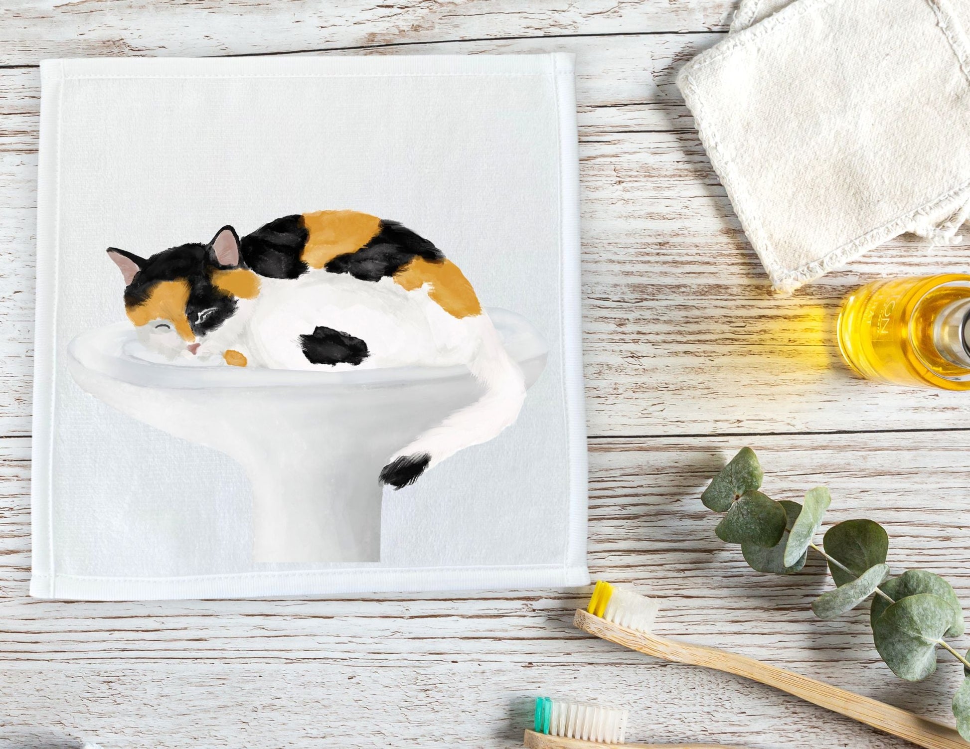 Calico Cat in Sink Washcloth - MerikaArt