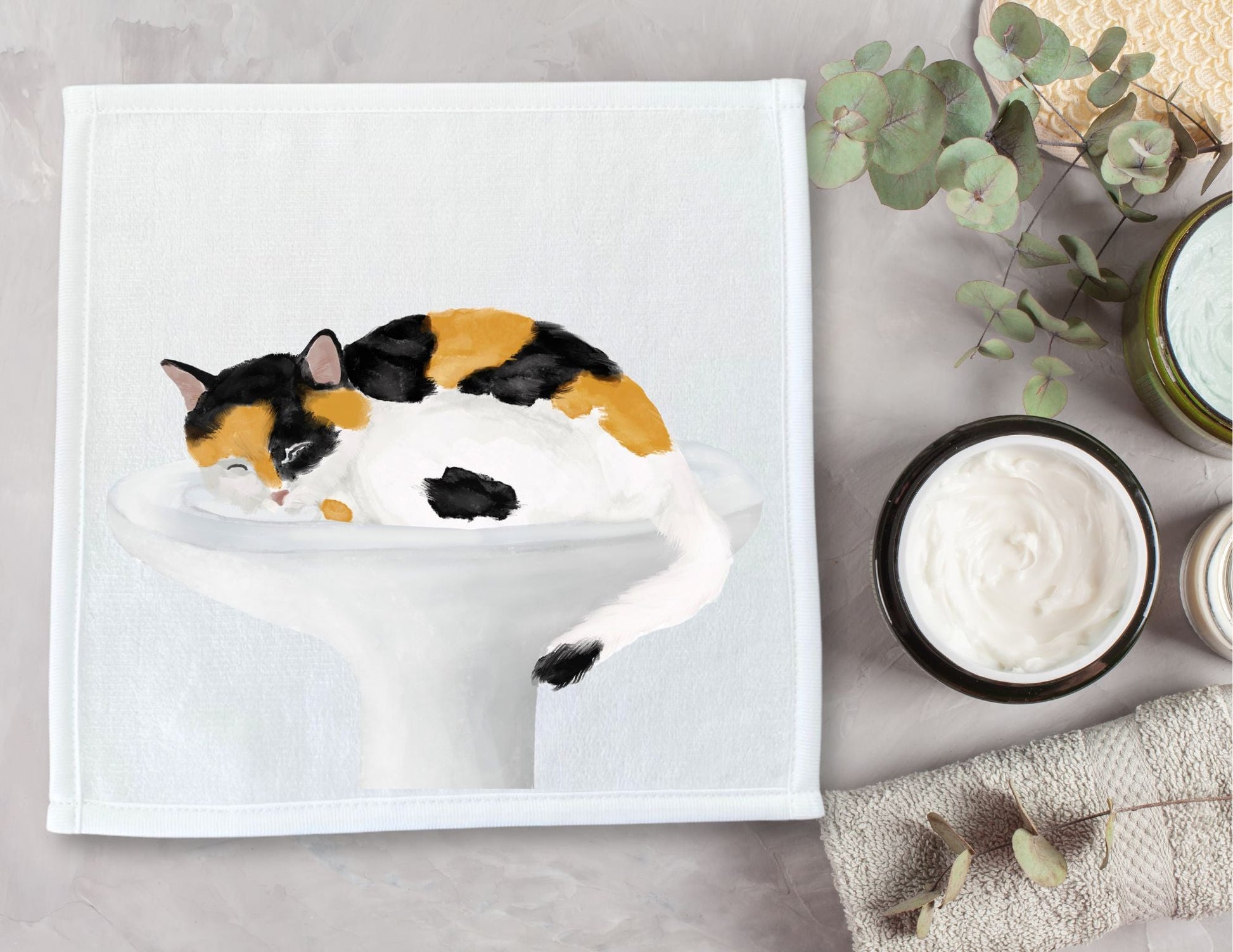 Calico Cat in Sink Washcloth - MerikaArt