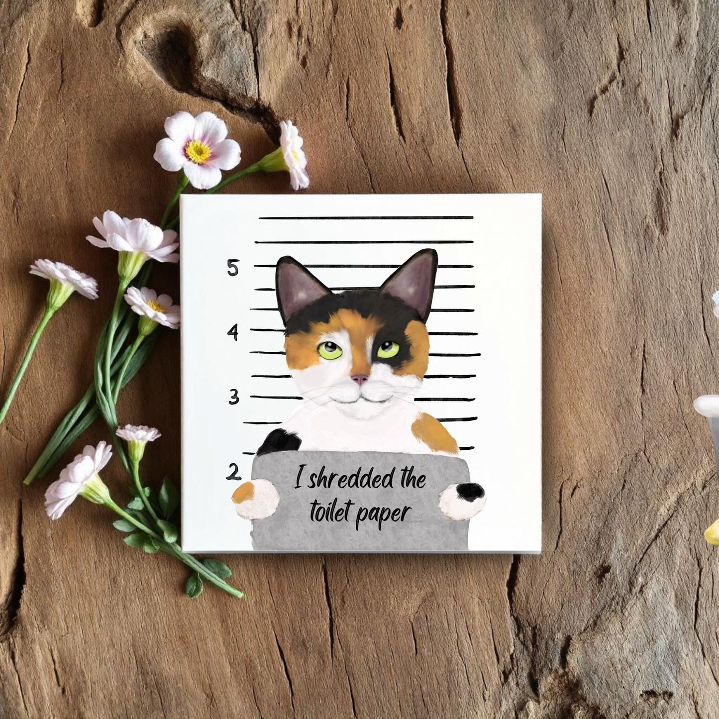 Calico Cat Mugshot Ceramic Tile – Handcrafted Whimsical Pet Art Decor - MerikaArt