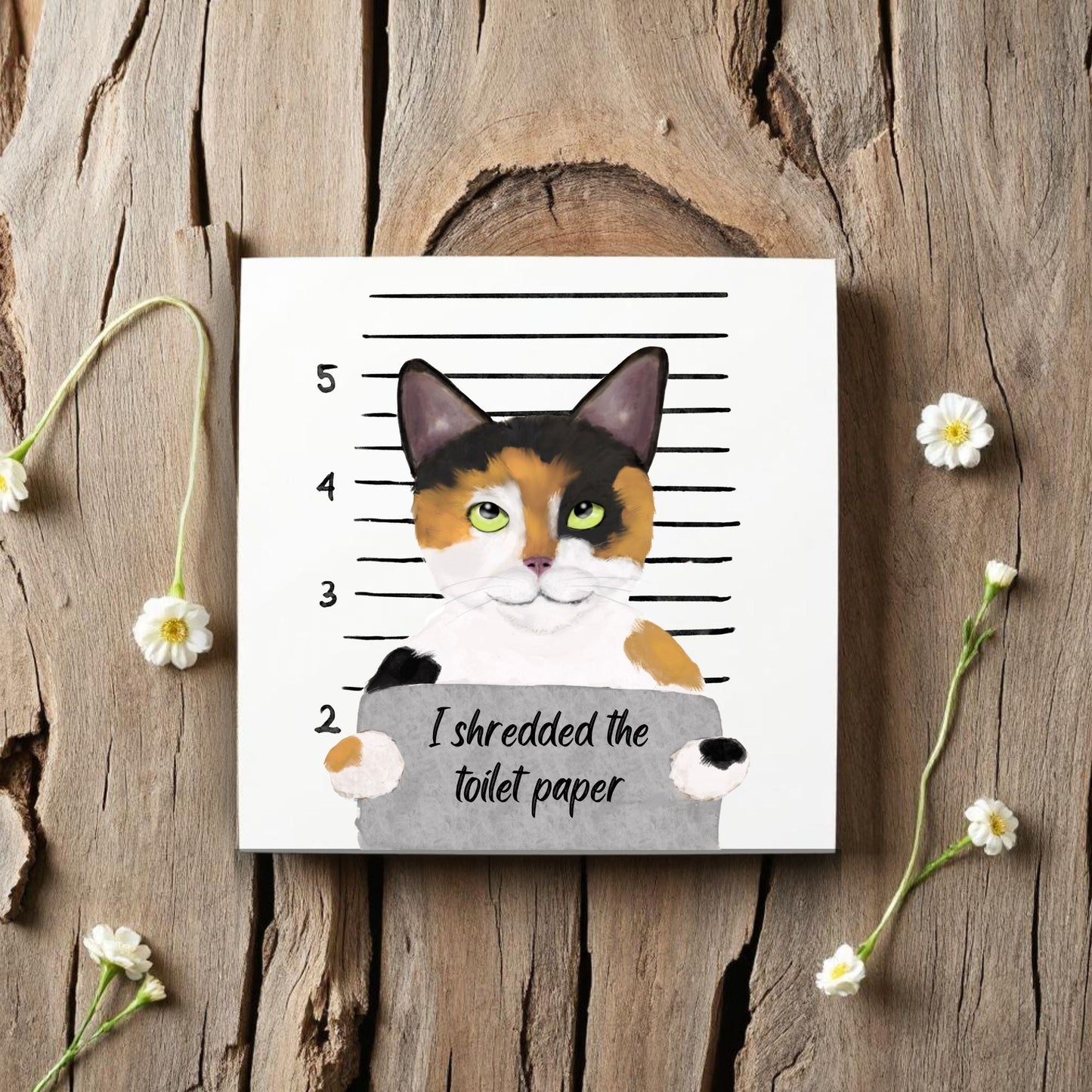 Calico Cat Mugshot Ceramic Tile – Handcrafted Whimsical Pet Art Decor - MerikaArt