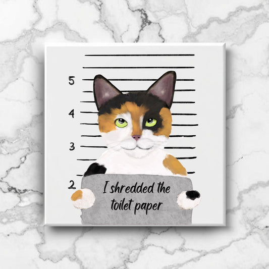 Calico Cat Mugshot Ceramic Tile – Handcrafted Whimsical Pet Art Decor - MerikaArt