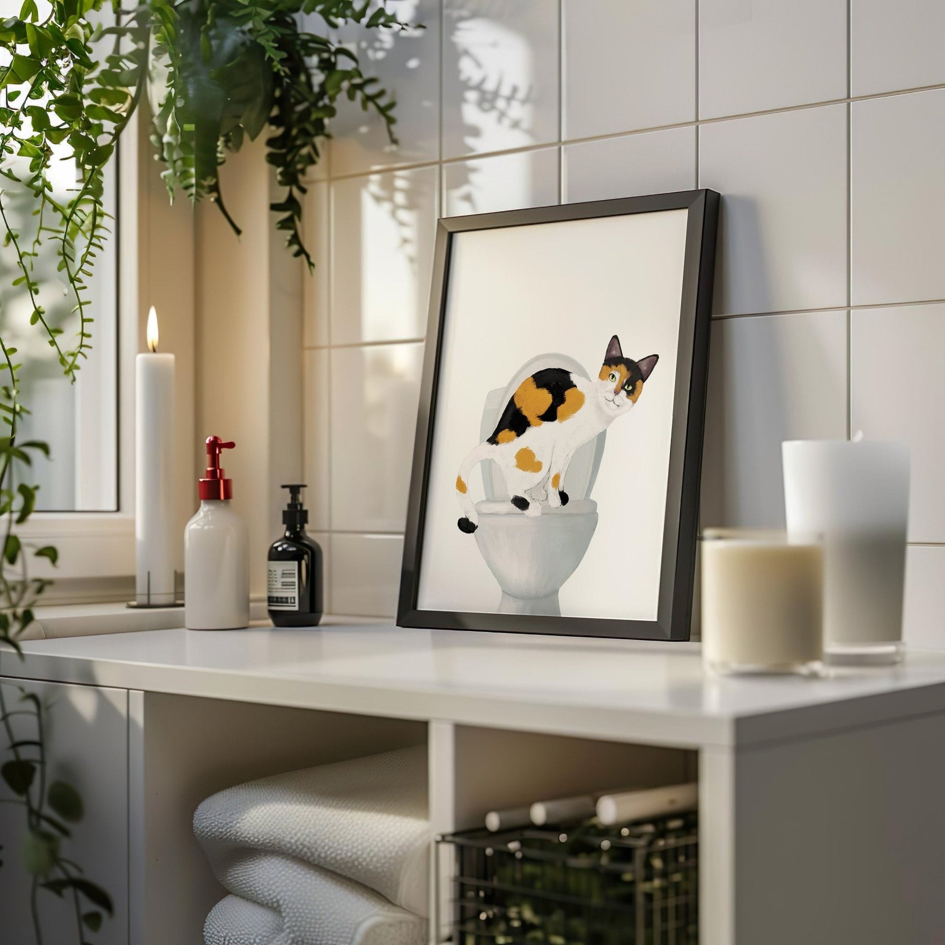 Calico Cat On Toilet Print, Calico Cat On Toilet Art, Funny Cat Illustration, Bathroom Painting, Cat Mom Animal Lover Gift, Kitten Poster - MerikaArt