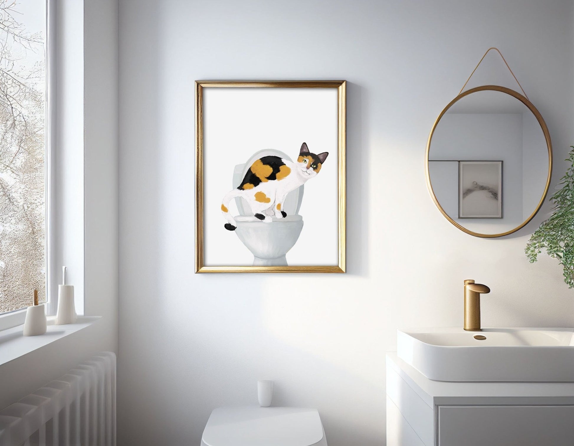 Calico Cat On Toilet Print, Calico Cat On Toilet Art, Funny Cat Illustration, Bathroom Painting, Cat Mom Animal Lover Gift, Kitten Poster - MerikaArt