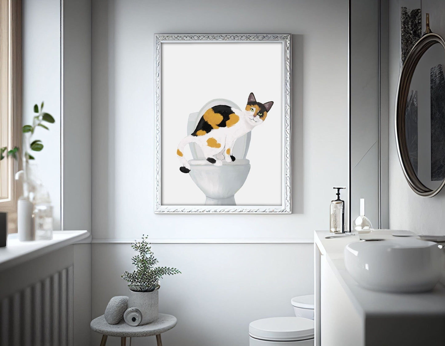 Calico Cat On Toilet Print, Calico Cat On Toilet Art, Funny Cat Illustration, Bathroom Painting, Cat Mom Animal Lover Gift, Kitten Poster - MerikaArt