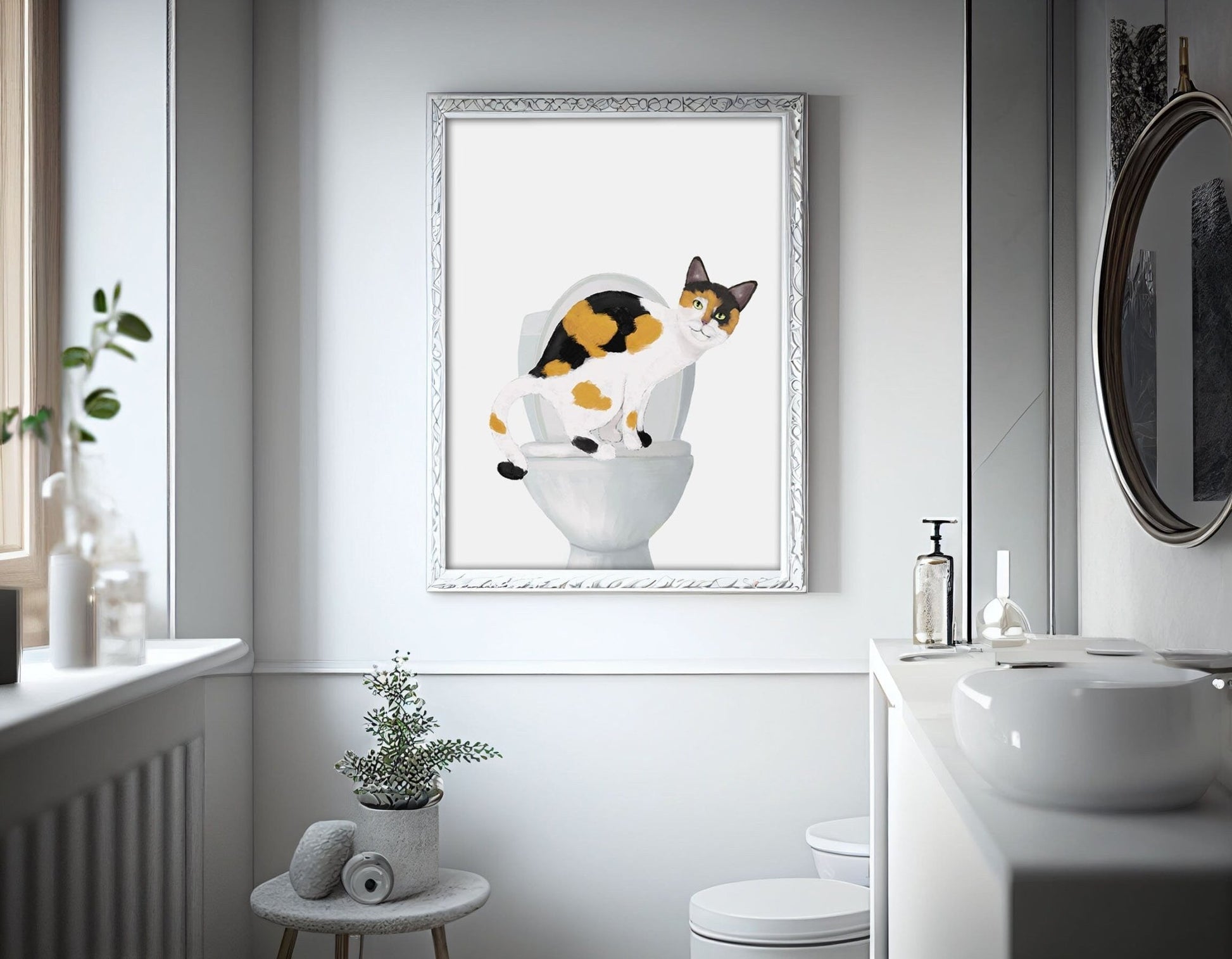 Calico Cat On Toilet Print, Calico Cat On Toilet Art, Funny Cat Illustration, Bathroom Painting, Cat Mom Animal Lover Gift, Kitten Poster - MerikaArt