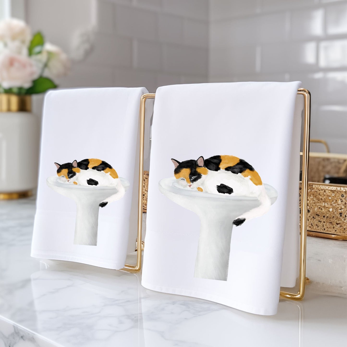 Calico Cat Sleeping in Sink Bathroom Towel - MerikaArt