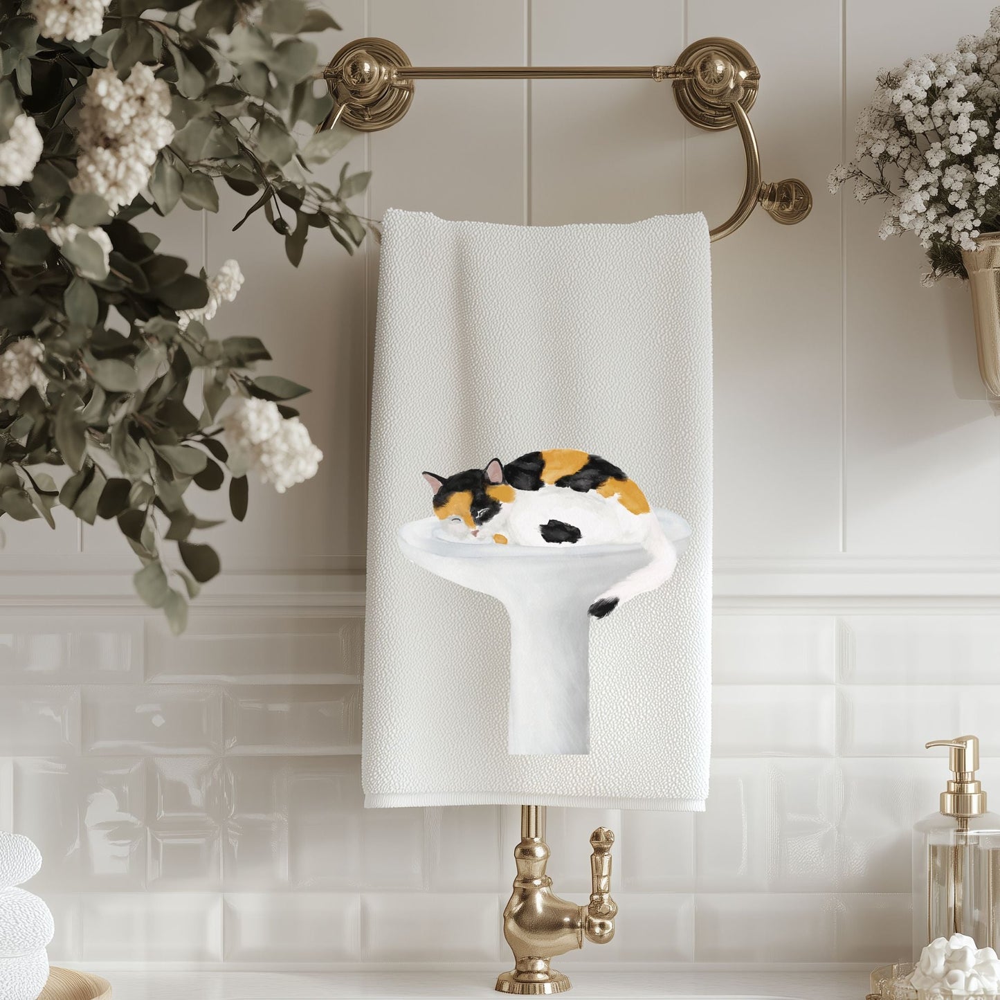 Calico Cat Sleeping in Sink Bathroom Towel - MerikaArt
