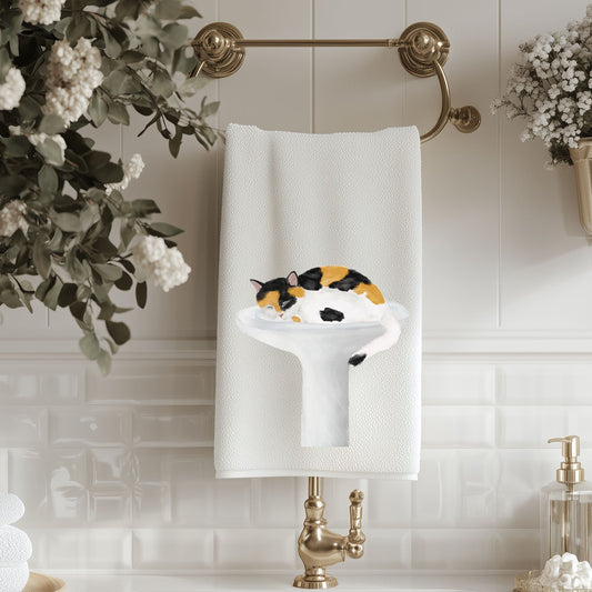 Calico Cat Sleeping in Sink Bathroom Towel - MerikaArt