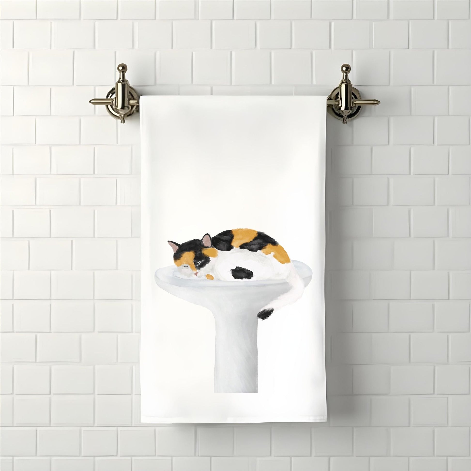 Calico Cat Sleeping in Sink Bathroom Towel - MerikaArt