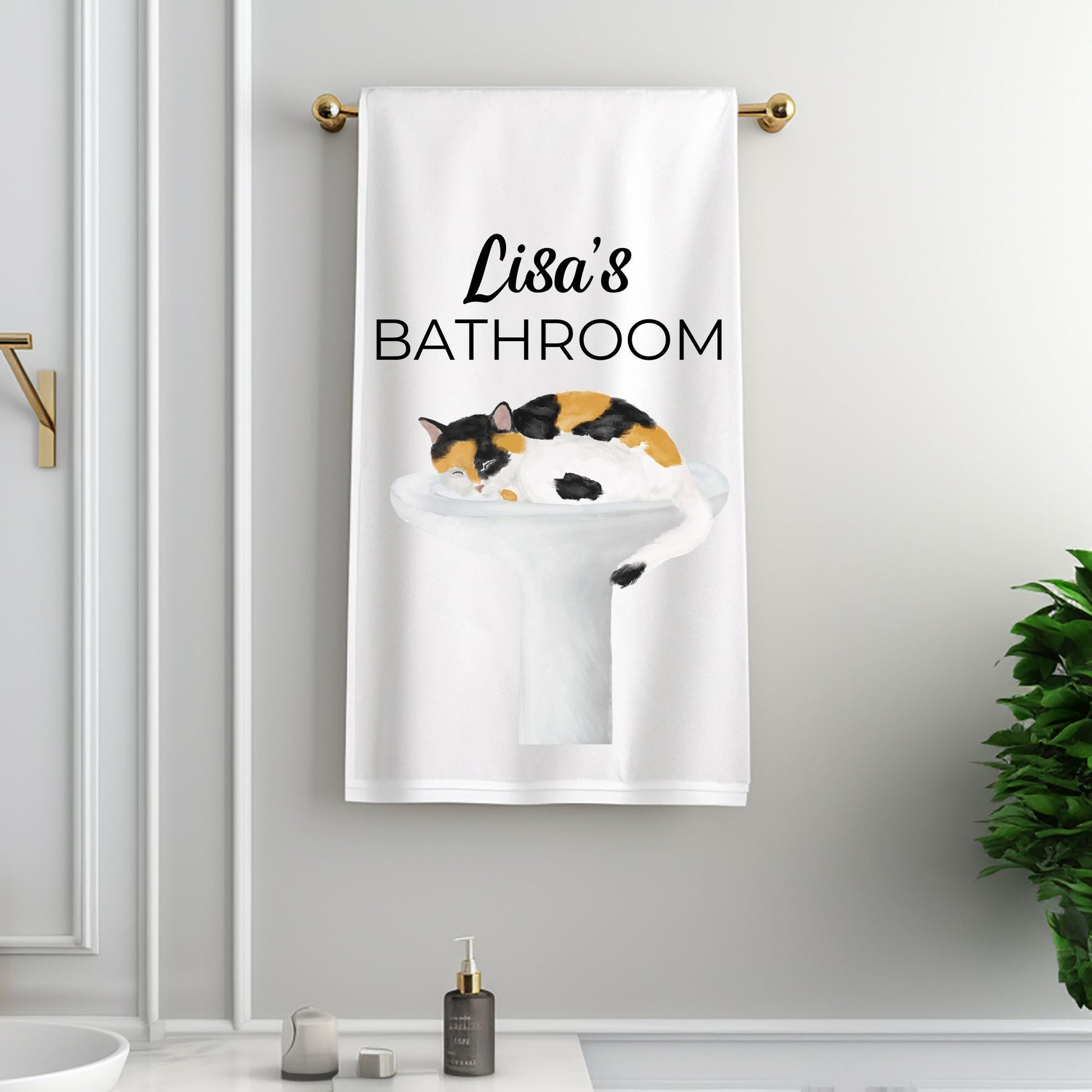 Calico Cat Sleeping in Sink Bathroom Towel - MerikaArt