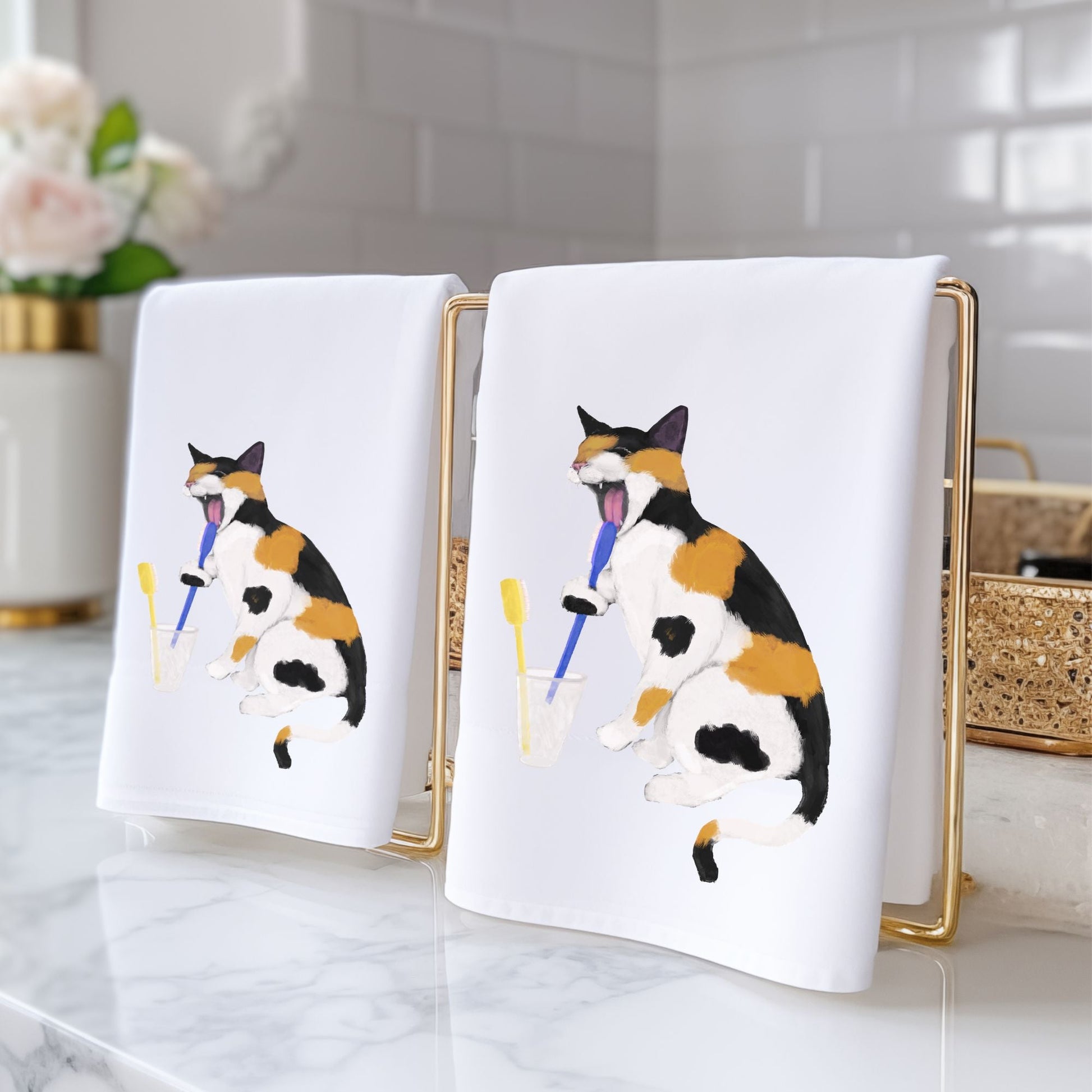 Calico Cat Toothbrush Bathroom Towel - MerikaArt