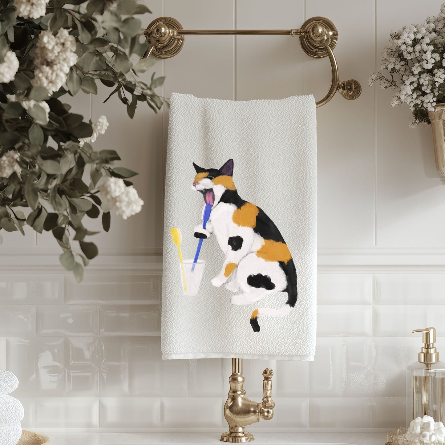 Calico Cat Toothbrush Bathroom Towel - MerikaArt